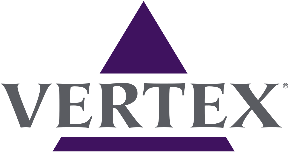 Vertex Logo: Purple triangle with large gray word Vertex across it
